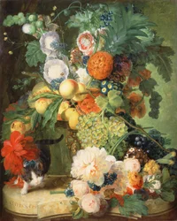 Stillleben mit Blumen und Katze